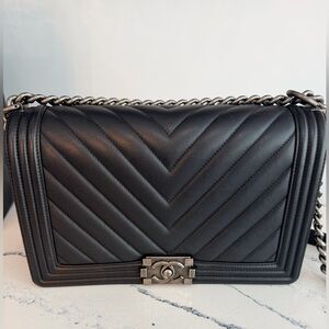 Chanel Black Chevron Medium Boy Bag Silver Hardware Like New